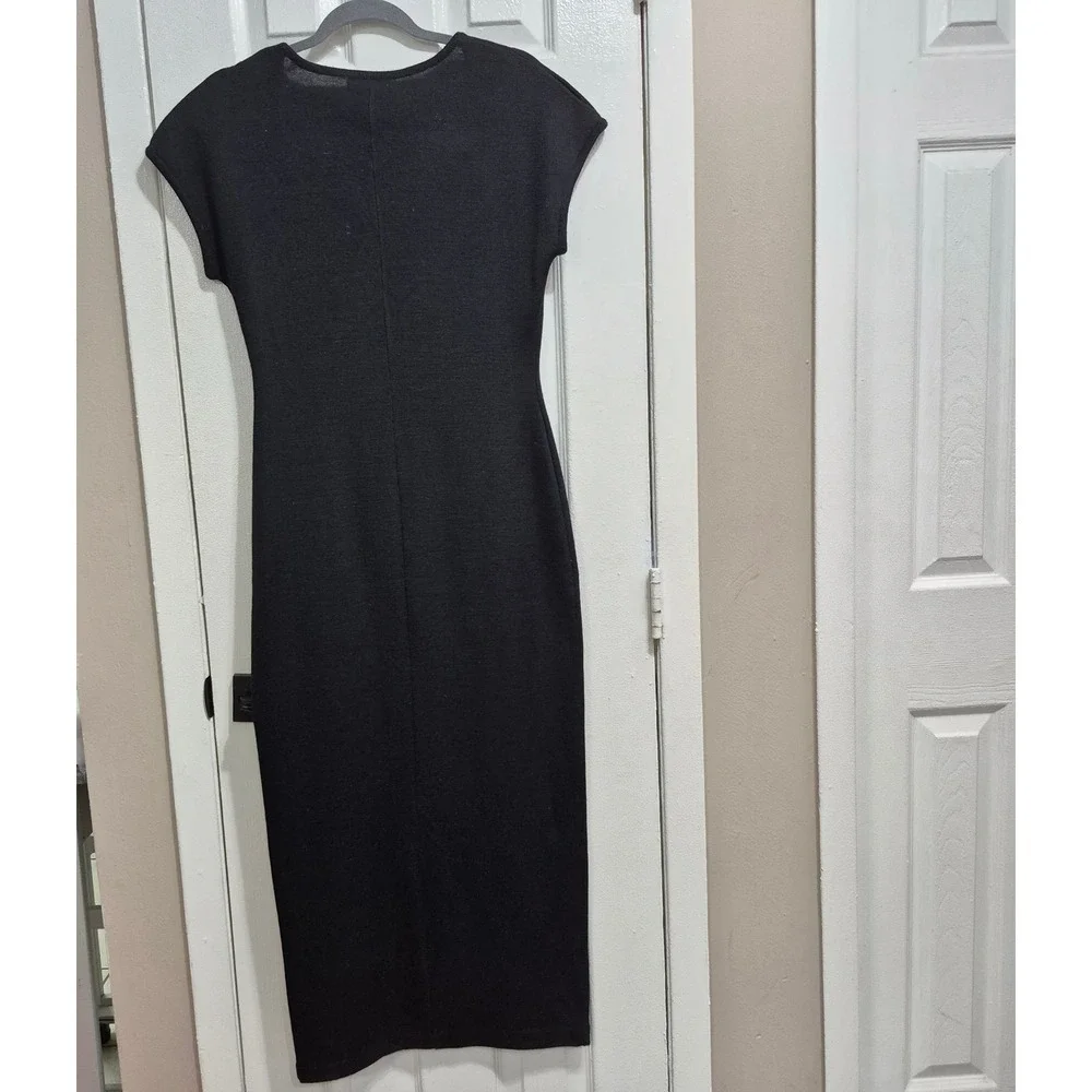 Carole Little Dresses Black Beaded Floral Knit Midi Dress Short Sleeve Womens M